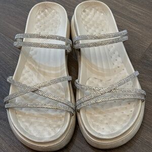 Rhinestone Decor Blink Blink 2in1 Flatform Slide Sandals White & Silver US 6